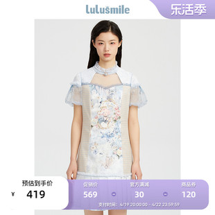 lulusmile个性少女印花小清新可爱甜美镂空蕾丝花边百褶连衣裙