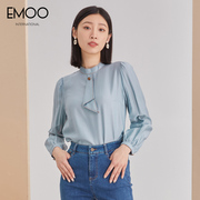EMOO杨门2023秋装纯色飘带立领宽松长袖衬衫女雪纺气质小衫