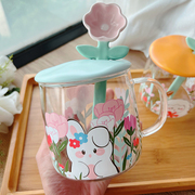 卡通森系耐热玻璃水杯创意带盖花朵勺可爱女学生早餐牛奶杯子茶杯
