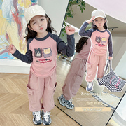 女童春秋套装2024儿童韩版拼色运动装休闲洋气卡通长袖两件套