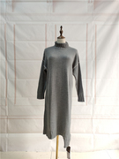 出口设计师p牌48%羊毛~深灰色编织设计感不规则裙摆高领连衣裙