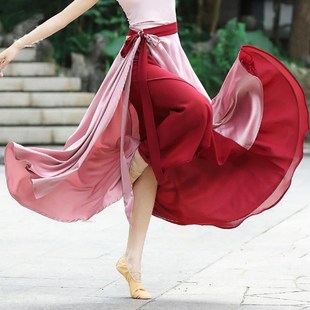 一片式系带半身裙双色雪纺度假裹裙720度跳舞长裙绸缎仙女古典舞