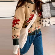 市舶司冬日氛围感韩国女装，冬装小鹿编织含羊毛拉链毛衣