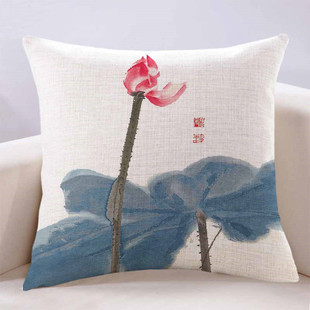 新中式水墨画荷花棉麻抱枕亚麻中国风红木沙发客厅靠垫套不含枕芯