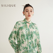 silique2024春季中式印花真丝上衣女扭结v领长袖桑蚕丝衬衫