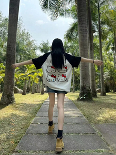 宽松大码300斤hellokitty短袖插肩t恤女2025新款夏季kt猫半袖上衣