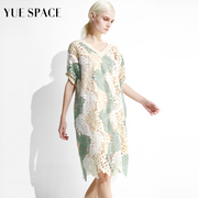 yuespace镂空印花蕾丝衫，宽松长款女士，套头衫短袖夏季时尚遮肉显瘦