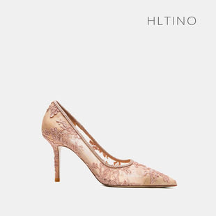 hltino2024早春仙女风裸粉色网纱蕾丝尖头高跟鞋女气质单鞋子