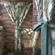美式罗兰手绘植物花卉复古提拉帘厨房卫生间系带穿杆成品混纺窗帘