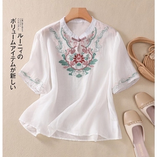新中式棉麻刺绣短袖衬衫女夏装，妈妈国风亚麻，宽松上衣苎麻薄款小衫