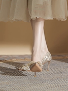 金色水晶婚鞋新娘鞋秀禾主婚纱，两穿法式小众高级感蝴蝶结高跟鞋女