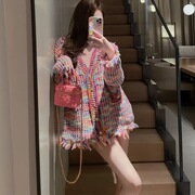 2022秋季法式小香风彩虹，毛衣开衫v领针织外套，女宽松慵懒风上衣
