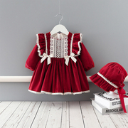 秋冬婴儿女童宝宝连衣裙，丝绒西班牙宫廷风格，加绒礼服公主裙送帽子