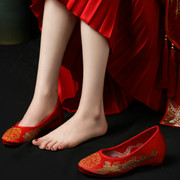 老北京新娘鞋手工绣花婚鞋红色中式秀禾鞋子牛筋底内增高女上轿鞋