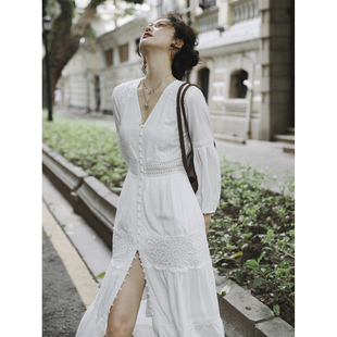 taiyang自制原创复古法式v领连衣裙长款开叉重磅水溶蕾丝裙白色