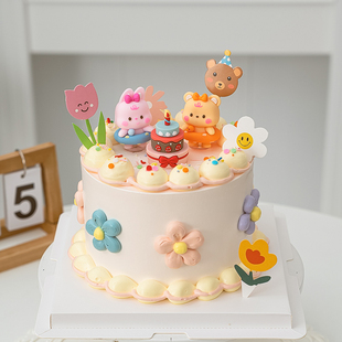 网红卡通蛋糕装饰软胶，游泳圈小熊小兔，摆件儿童生日派对小花插牌