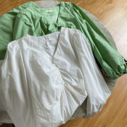 韩版白色V领套头减龄连衣裙春季宽松长袖长裙时尚休闲洋气K》3C1