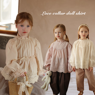 女童韩系小众气质镂空花边领娃娃衫宝宝幼儿园，纯棉长袖衬衫衬衣