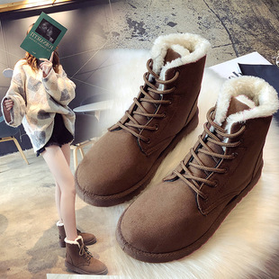 冬季韩版学生雪地靴女短靴短筒保暖靴系带女鞋，平跟潮马丁棉鞋靴子