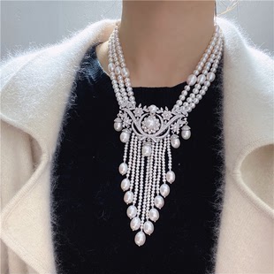 天然珍珠多层项链，欧美豪华时尚夸张颈饰，短款流苏锁骨链女高贵大气