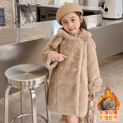 女童皮草外套2024冬季儿童洋气，大衣中长款纯色，加厚皮毛一体上衣