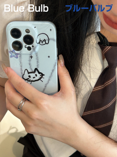 原创设计奶蓝色可爱小猫手绘小狗手机壳适用iphone14promax日韩苹果手机保护套IMD防摔软壳