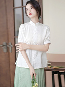 春夏女士简约白色小衫新中式马面裙搭配短袖衬衫日常可穿汉服上衣