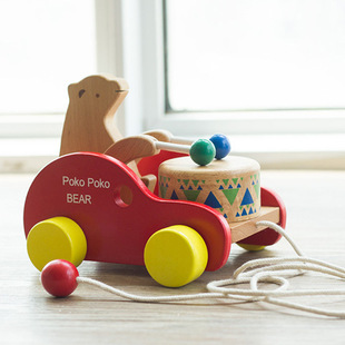 学步拖拉牵引木制早教，玩具儿童益智榉木，小熊敲鼓拉拉车彩盒版