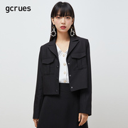 gcrues黑色短款西装，女韩版春秋小个子，时尚西装领外套长袖