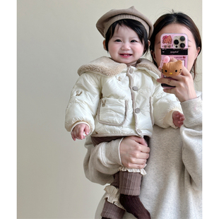 女童加绒外套冬季韩版女宝宝可爱小兔毛毛领夹棉保暖上衣棉服