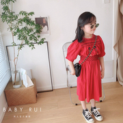韩版女童装儿童夏季甜美复古刺绣花朵连衣裙公主裙宝宝裙子