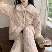 女士睡衣珊瑚绒三层夹棉冬季加绒加厚法兰绒，甜美保暖套装家居服女