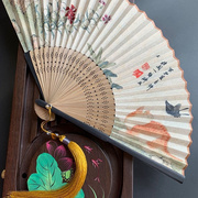 复古风古色古香蝴蝶猫咪折扇子日用扇夏季折扇子汉服摄影拍照竹女