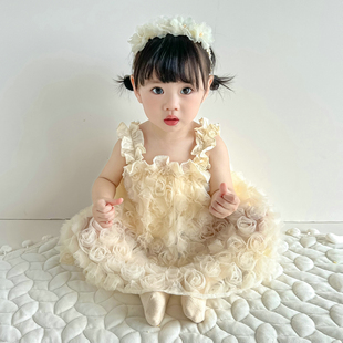 韩版婴幼童装重工玫瑰花公主裙周岁女宝宝夏装蕾丝花朵吊带连衣裙