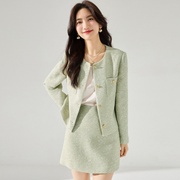 春装女2024年女清新绿色羊毛小香风套装法式高级感通勤风外套
