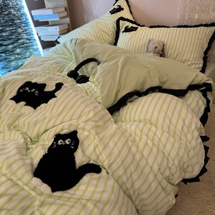 奶绿色条纹猫咪刺绣水洗棉，四件套可爱卡通被套床单学生宿舍三件套