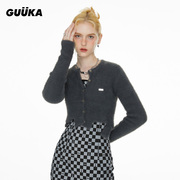 GUUKA灰色开衫毛衣女潮春秋 短款修身显瘦针织外套不规则下摆