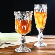 法式高脚饮料杯浮雕玻璃果汁杯葡萄红酒杯家用钻石杯餐厅复古杯子