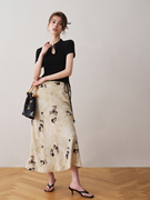 ron新中式印花系带，半身裙2024夏季设计感小众国风优雅包臀裙
