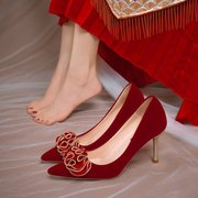 法式红色高跟鞋女2023年春秋，花朵轻奢礼服鞋细跟气质尖头单鞋