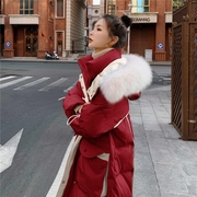 大毛领红色中长款棉衣，2023冬季派克服时尚羽绒棉服加厚外套女