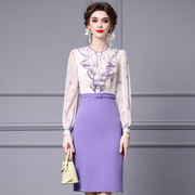 智丽法式温柔紫色印花荷叶边拼接收腰长袖假两件包臀连衣裙春