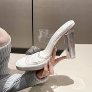 白色高跟凉鞋女2023年夏季防水台水晶透明粗跟拖鞋女夏外穿
