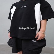 BabyaLu童品 24夏儿童黑白拼接半袖上衣男女童机能风拼色短袖T恤