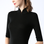 黑色旗袍领针织上衣修身女中袖薄款半高领打底衫半袖复古中式毛衣