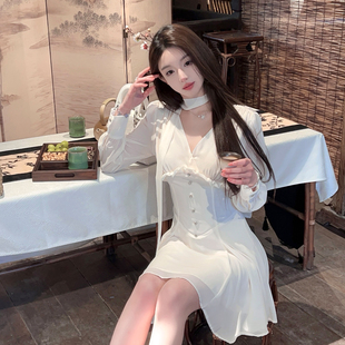 fairyjiang夏季v领长袖白色雪纺，连衣裙收腰显瘦露背短裙含飘带