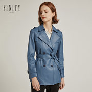 finity2022冬装女士皮衣，时尚皮风衣蓝色西装，领绵羊皮上衣外套