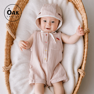 oakfamily新生儿连身衣夏季100%纯棉婴儿无袖哈衣宝宝爬服