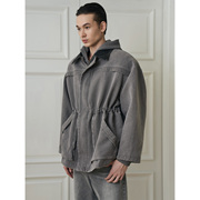 Babesochill“greyish”炭灰色水洗帆布派克夹克大衣廓形大外套