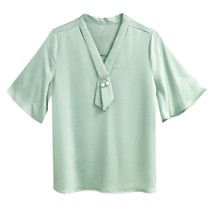 雪纺衬衫女中袖夏季韩版宽松洋气小衫喇叭袖，v领气质打底衬衣